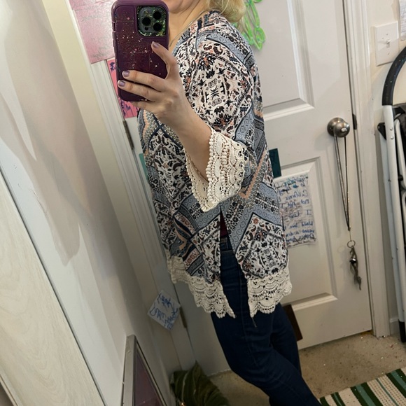 XHILARATION OPEN FRONT CARDIGAN TOP OVERSIZED COVER UP LACE PRINT PINK BLUE EUC - Picture 11 of 11